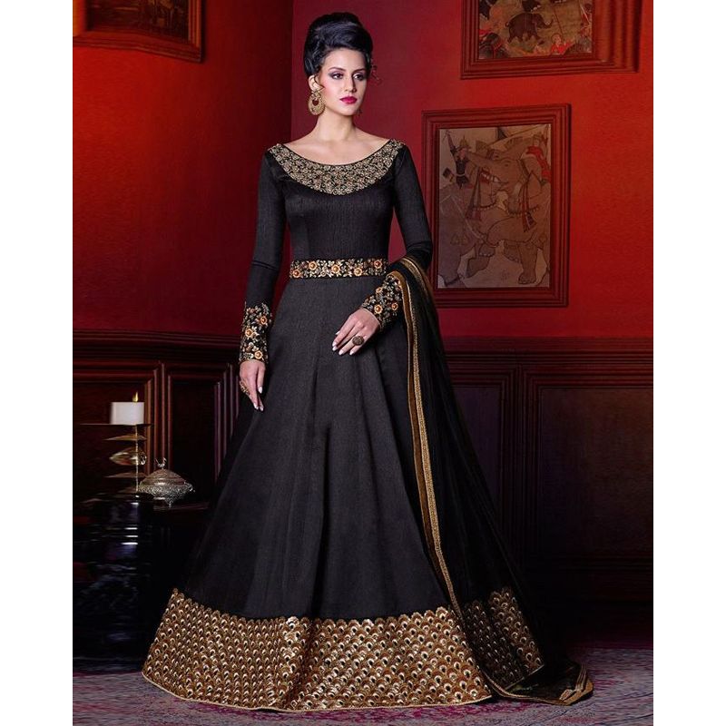 Black  and  Golden  Georgette  Semi  Stitched  Gown  for  Women