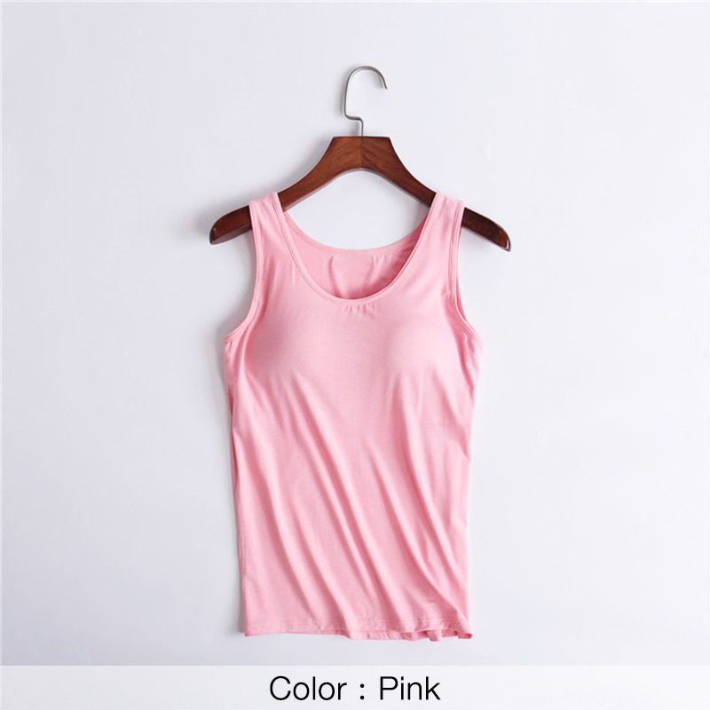 Women Tank-Top Built-in Bra Padded Stretchable Modal Push-Up Tops Camisoles Tube Vest Sleeveless Casual Korean SA1001