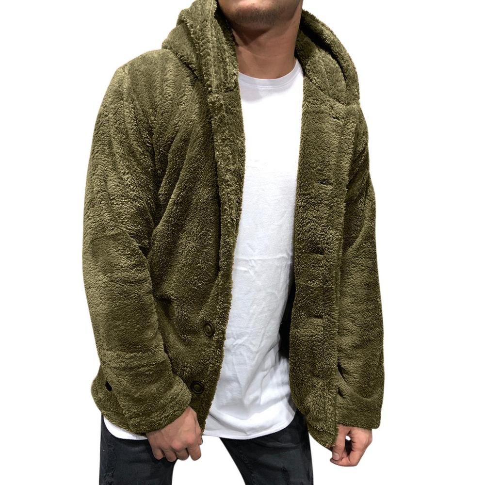 Mens Autumn Winter Plush Hooded Sweatshirt Solid Color Long Sleeve Jacket Top Casual Fleece Coat Streetwear Male Sweatshirt