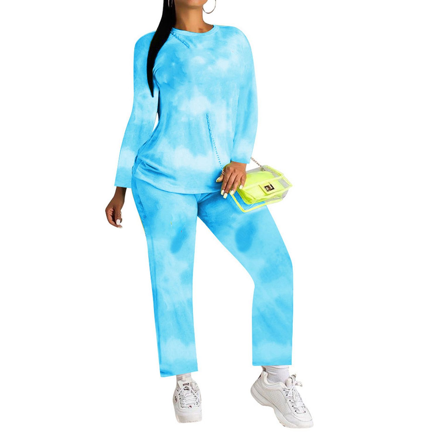 2021 2 Pieces Suit Set, Women’ s Tie-Dye Print Round Neck Long Sleeve T-Shirt and Flared Trousers, S/M/