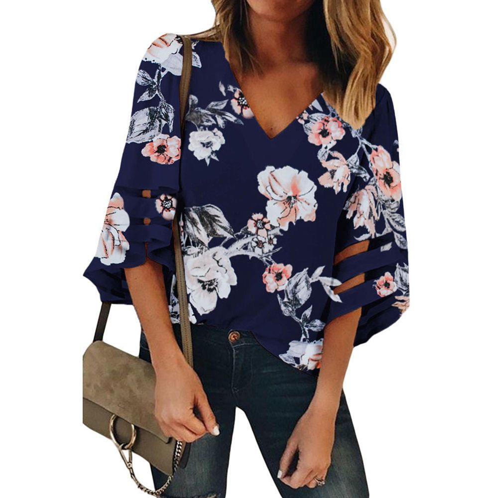 New Women's Vintage Printed Chiffon Shirt Summer Fashion V-neck 3/4 Flared Sleeve Loose Pullover Top