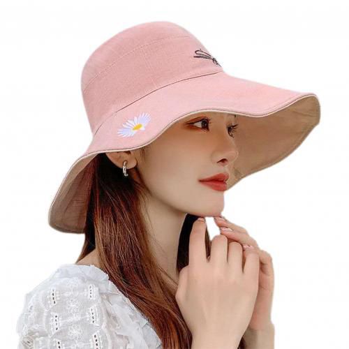 Women Summer Sunscreen Foldable Bucket Hat Fisherman Cap Reversible Marguerite Embroidery Cotton Solid Traveling Beach Wild Hats