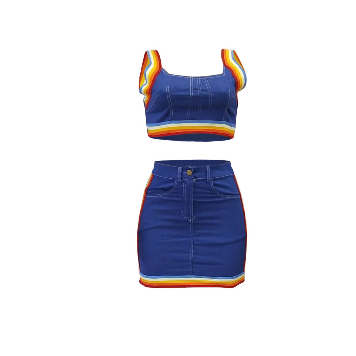 Women  Rainbow Sleeveless Crop Top and Skirt Set Fashion 2 Pieces Outfits Set