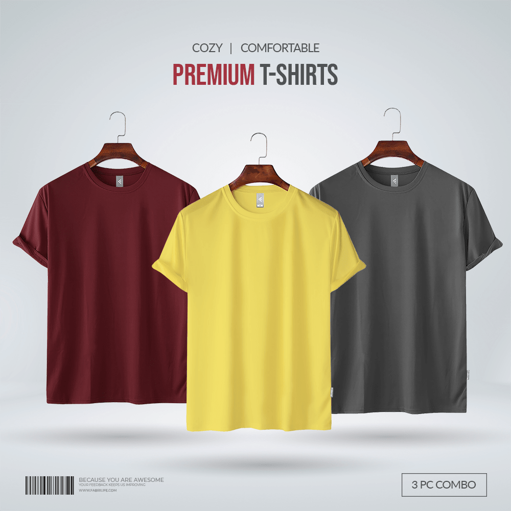 Fabrilife Men's Premium Blank T-shirt -Combo-Maroon, Yellow, Charcoal