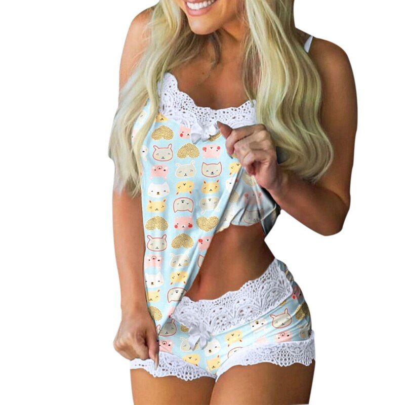 Sexy Summer Pajamas Sleepwear For Women Sleeveless Spaghetti Strap Summer Pyjamas 2pcs Cami Top + Shorts Pajamas Sets