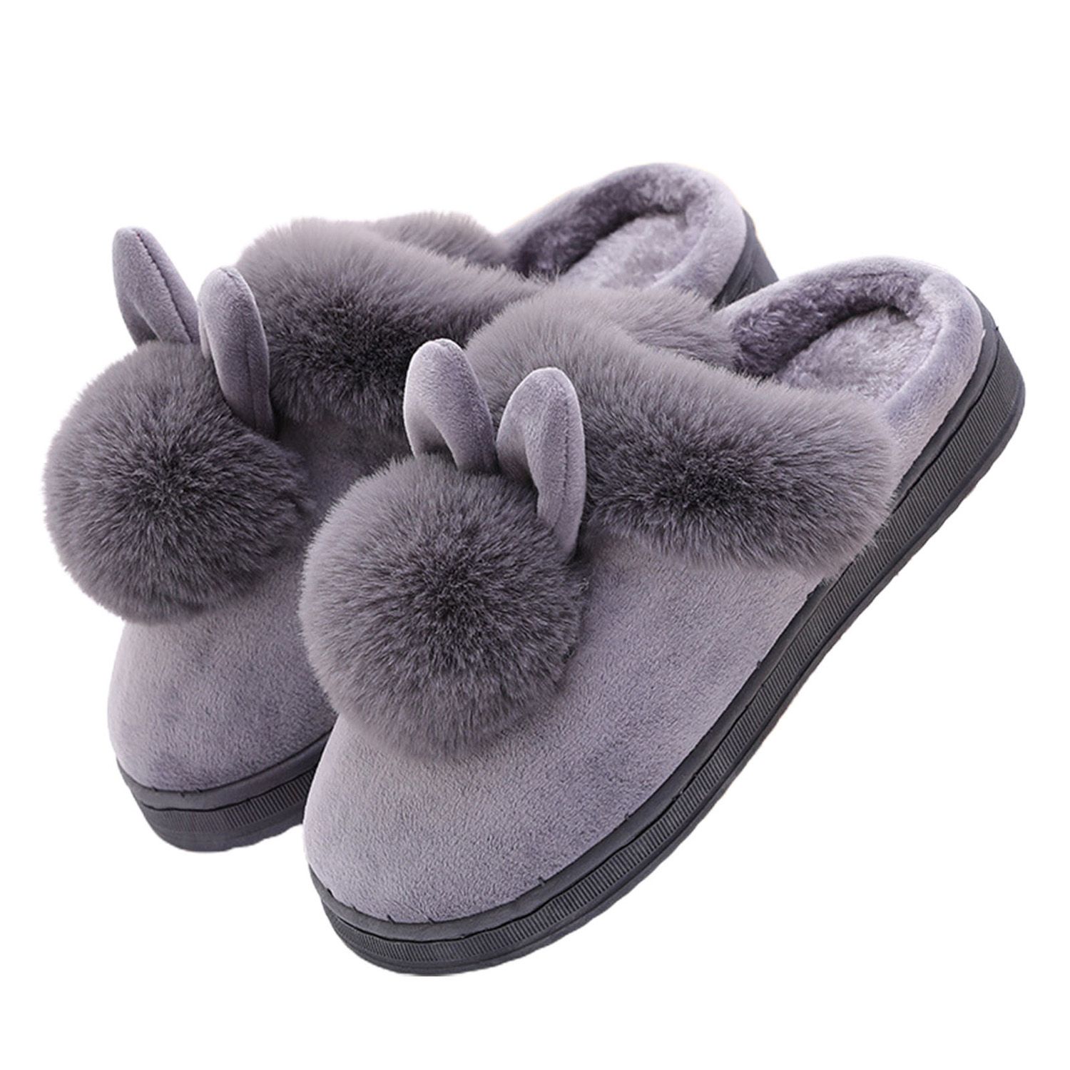 Cushioned Slippers Coldproof Women Slip-on Rabbit Ear Flat House Slippers