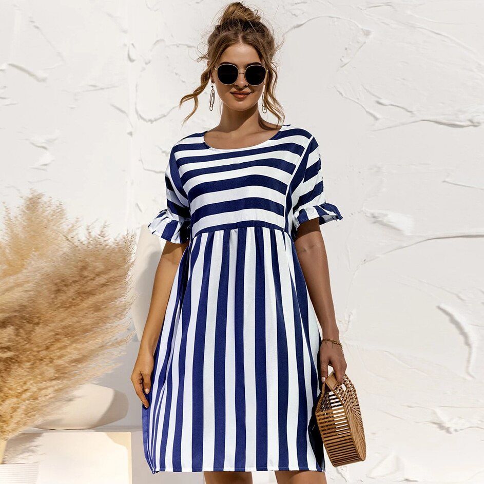 Summer Women A Line Dress Elegant Ruffle Sleeve Striped Patchwork Dresses Loose Solid Short Sleeve Pocket Dress Vestidos