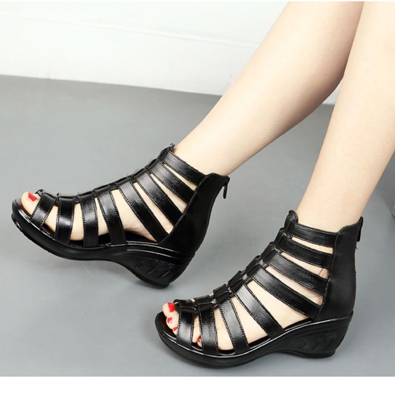 Women Summer Wedge Heel Roman Gladiator Sandals Black Leather Peep Toe Shoes