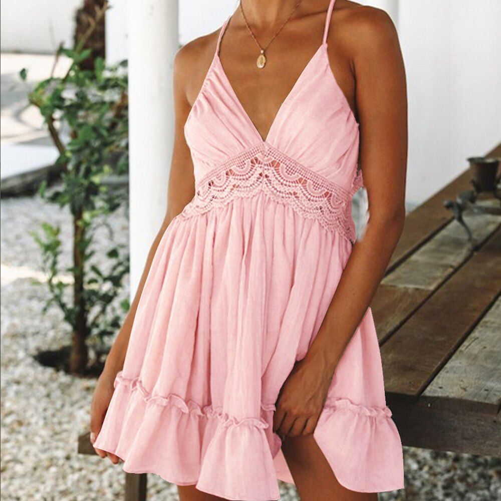 Summer Women Lace Mini Dress Backless V-neck Beach Dresses Halter SleevelessRuffle Sundress White Dress