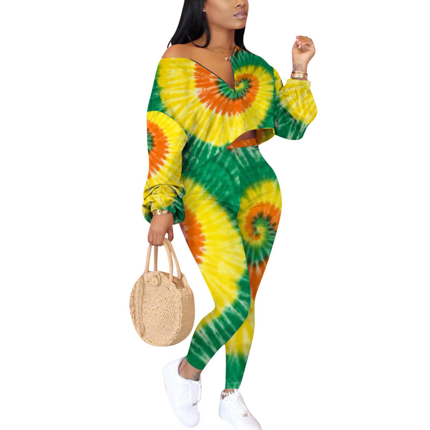 2021 Women's Printed 2 Pieces Set Lantern Long Sleeve V-neck Zipper Top Elastic Band Fitting Leggings