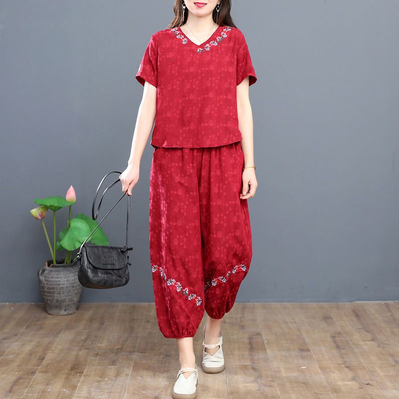 Women Suit Plus Size Short-sleeved Blouse Bloomers Solid Color Print wo-piece Outfits color