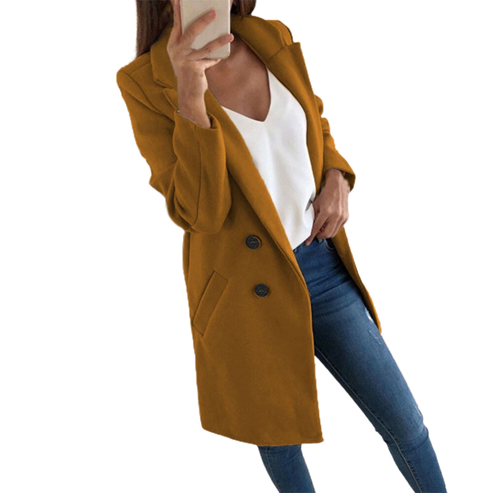 Casual Coat Mid-Length Lapel Solid Color Woolen Coat