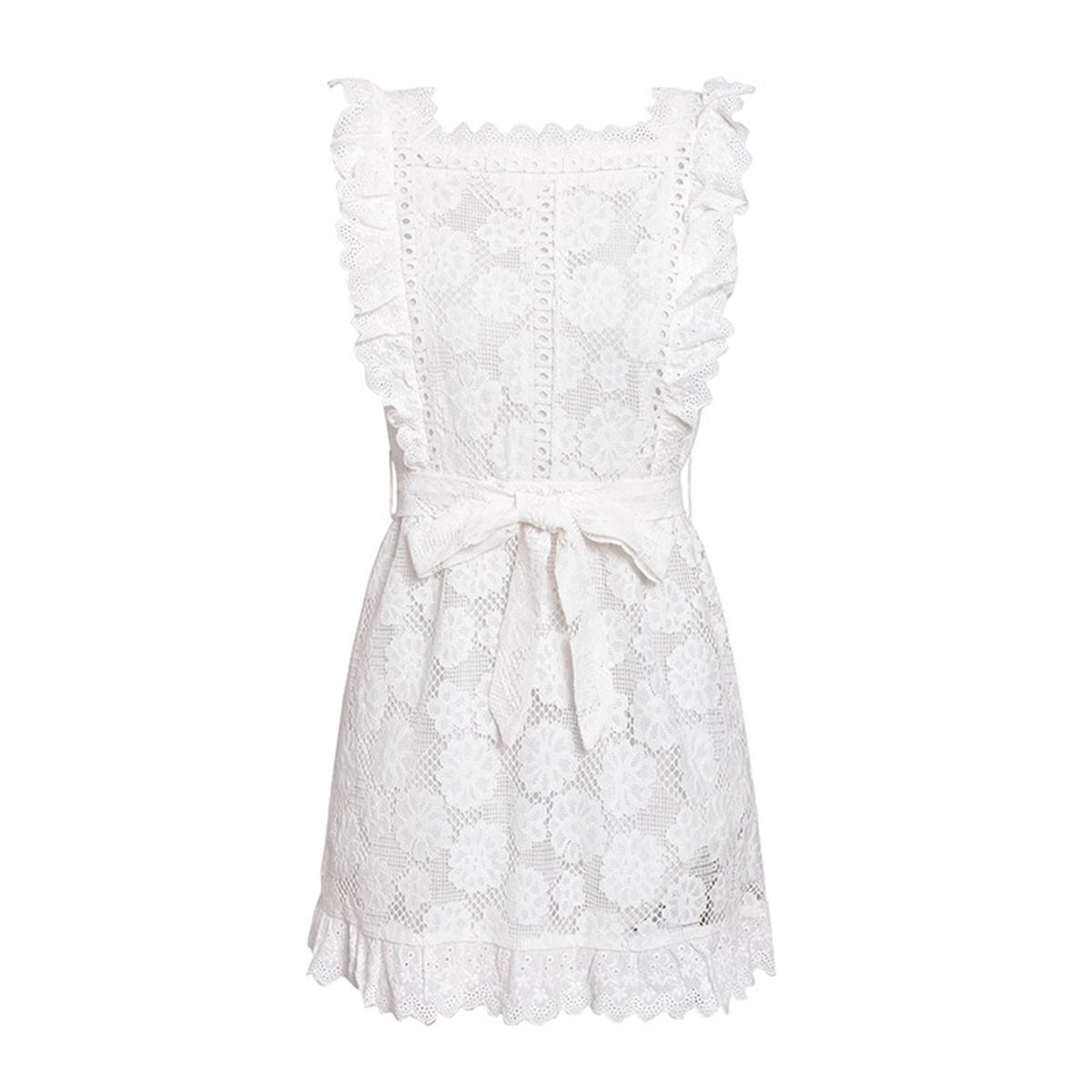 2021 Women’s Elegant Lace Ruffle Dress, Sleeveless High Waist Temperament Crochet Floral Dress with Bow