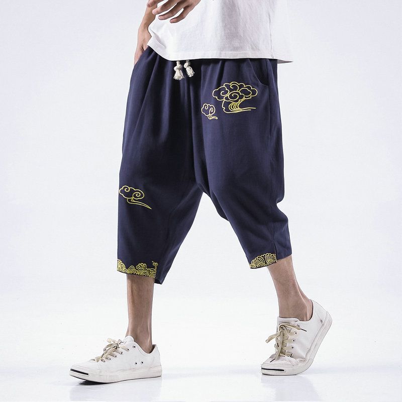 Streetwear Summer Men Sweatpants Cotton Linen Embroidery Loose Harem Jogger Pants Casual Fitness Trousers Plus Size