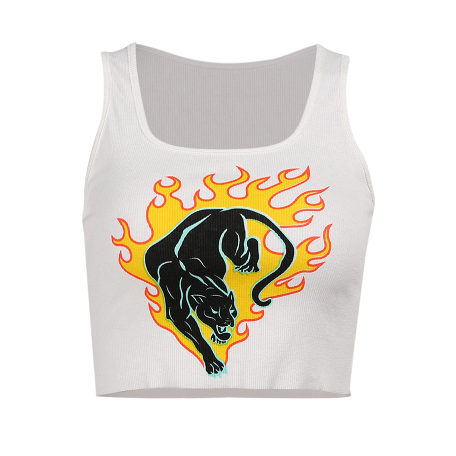 Women Close-fitting Tanks, White Leopard Printed Pattern U-shaped Collar Sleeveless Crop Tops