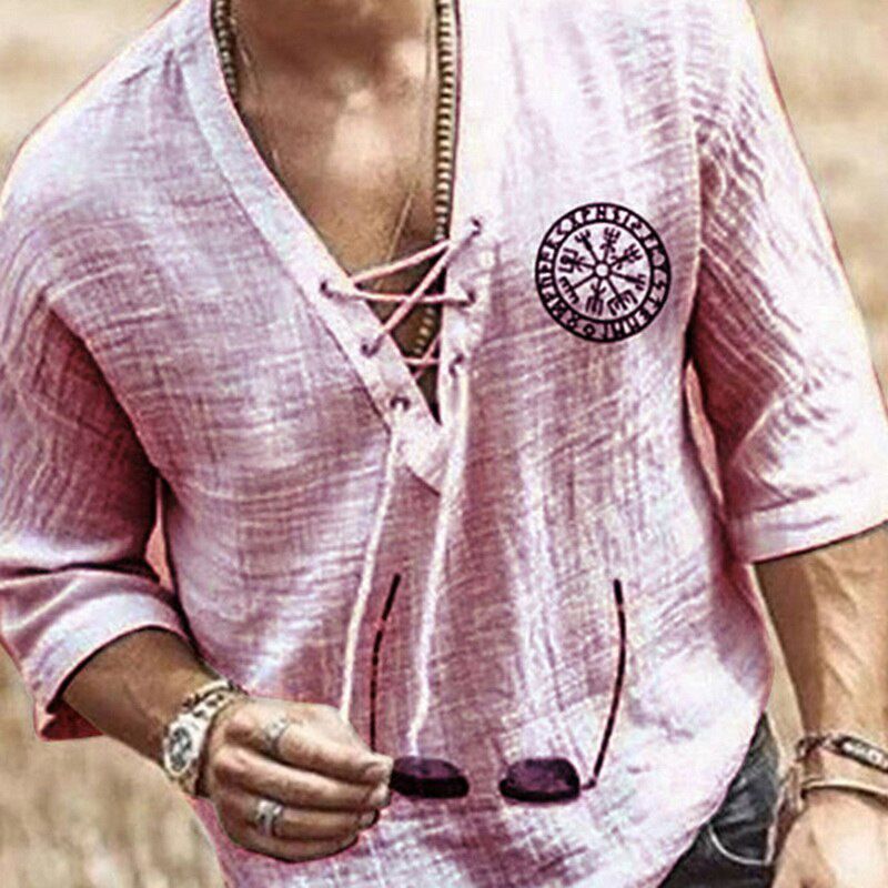 Renaissance Viking Pirate Medieval Cosplay Halloween Costume Men Shirt V Neck Lace Up Vintage Shirt Half Sleeve Linen Blouse Top