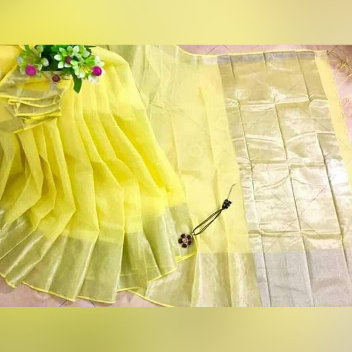 Yellow Half Silk Tangail Tat Saree Without Blouse Piece For Women