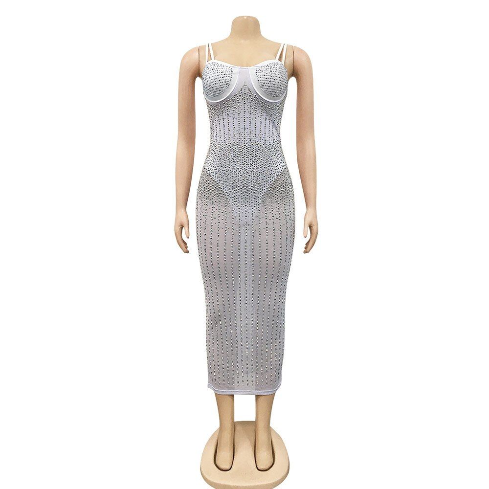 Kricesseen  Sequin Glitter Crystal Midi Dress Vestido Women Sleeveless Strap Bodycon See Through Party Club Dresses