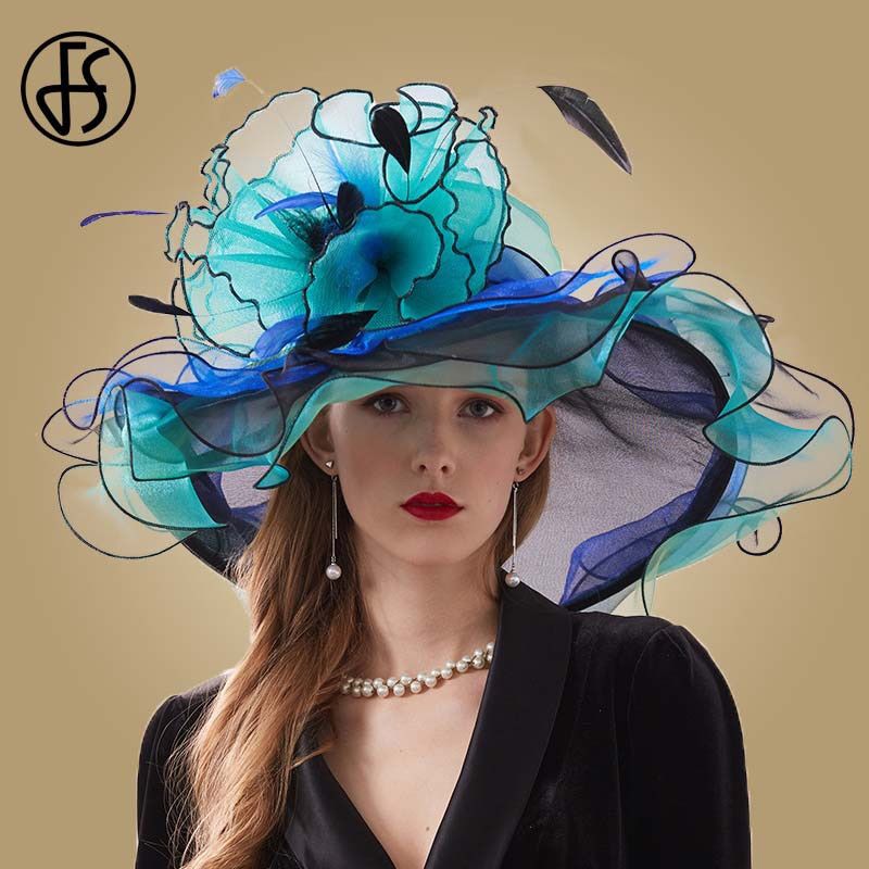 FS Pink Organza Kentucky Derby Hat For Women Wide Brim Beach Big Sun Hats Flowers Elegant Ladies Wedding Church Party Fedoras