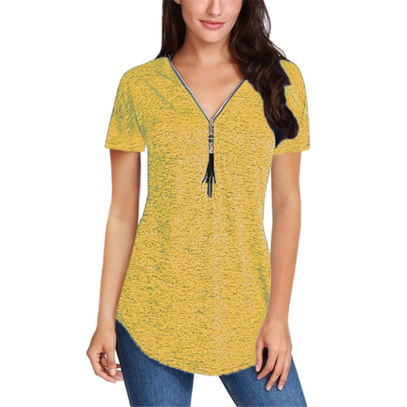 Good Quality Tassel Zipper Front V-Neck Casual Slim Short Tshirts Women 2020 New Summer Tees Large Sizes S-5XL Shirts Tops