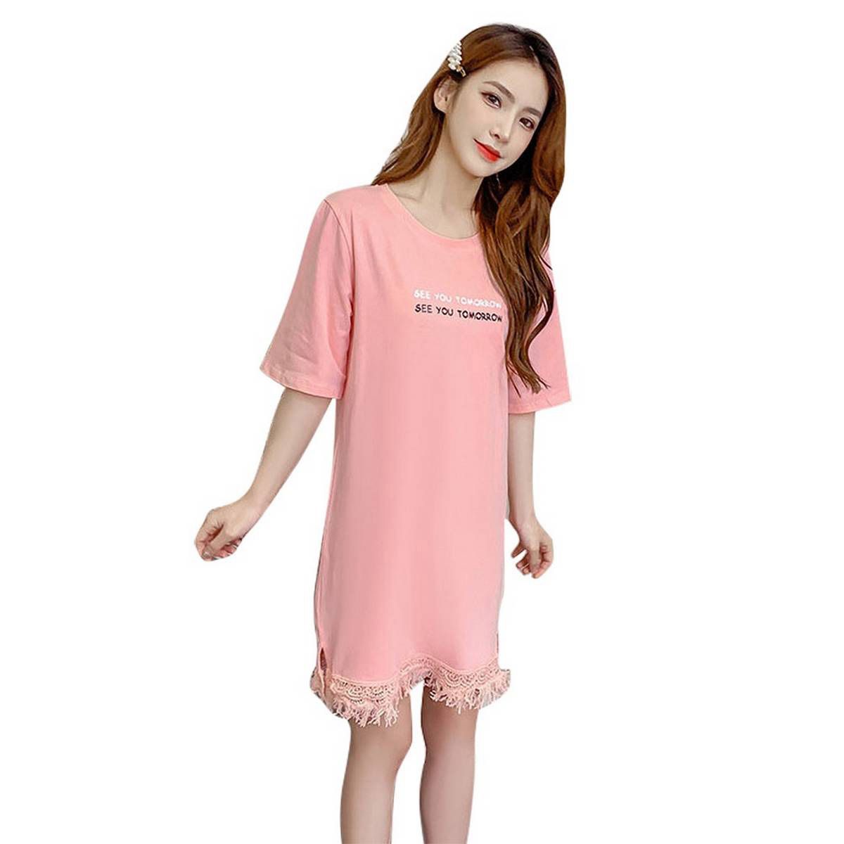 Women Fit Round Neck Half Sleeve Tassel Long Shirt Mini Dress