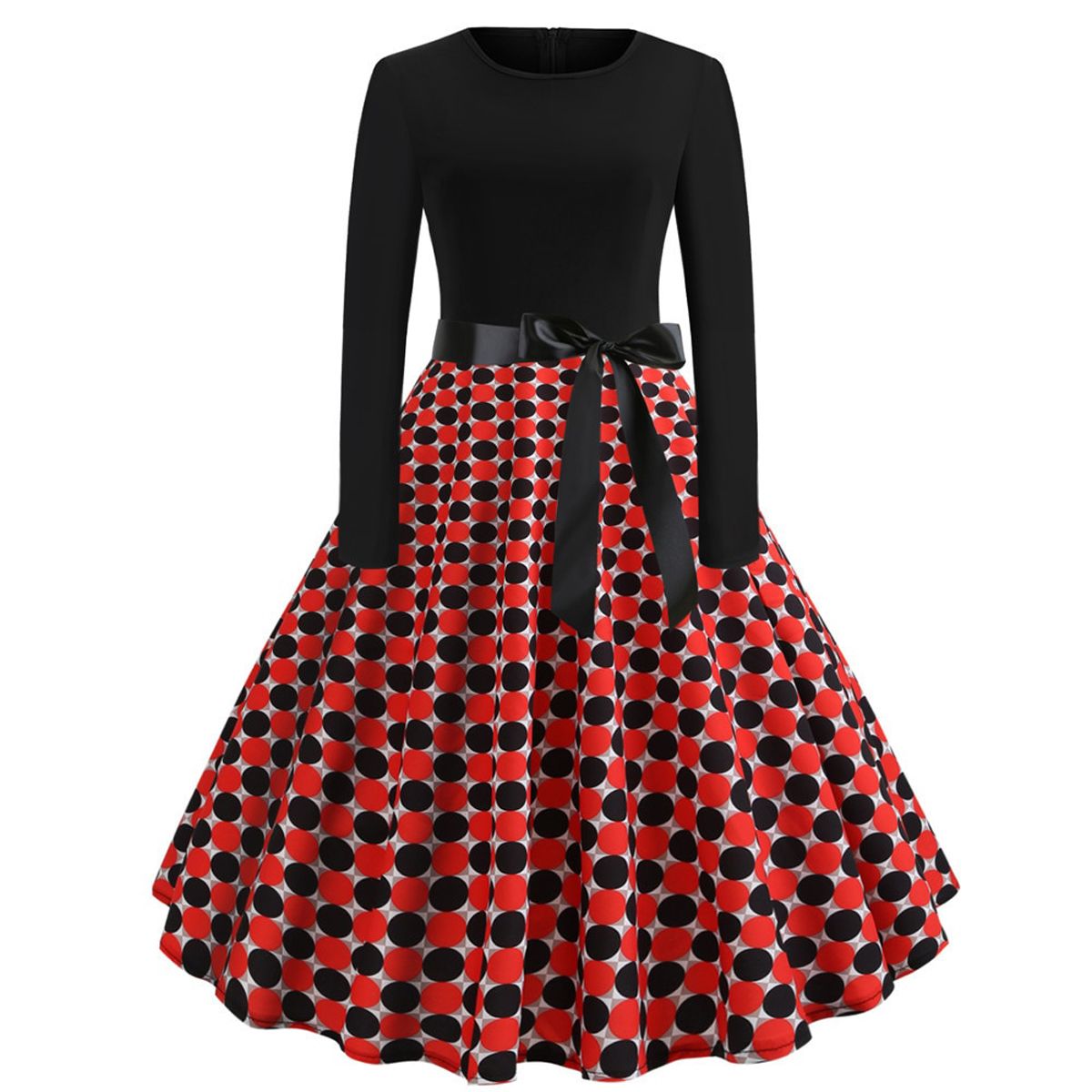 Vintage Women ChristDress Elegant Winter Dresses Black Swing Print Long Sleeve 50s 60s Pinup Robe Party Vestidos 2022