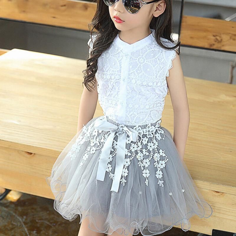 Kids Girls Clothing Sets Summer Sleevss Lace Tops + Lace Mesh Skirt 2 Pcs Suit Children Clothes - intl