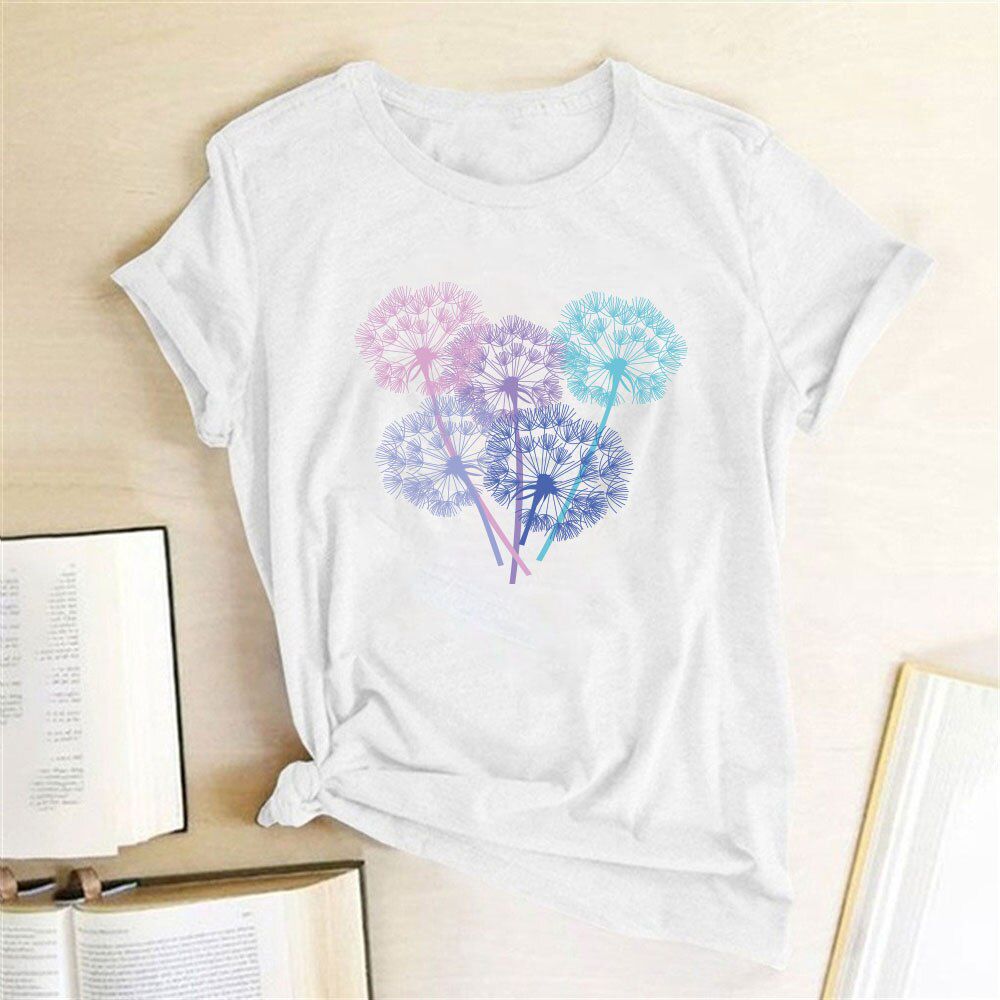 Color Dandelion Print Funny Women T-shirt Short Sleeve Casual Femme T-shirt Summer Loose Tee Tops for Women Camisetas De Mujer