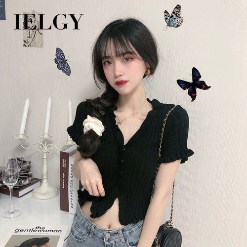 IELGY Slim wooden ears short sleeve knitted cardigan women wear thin coat tide