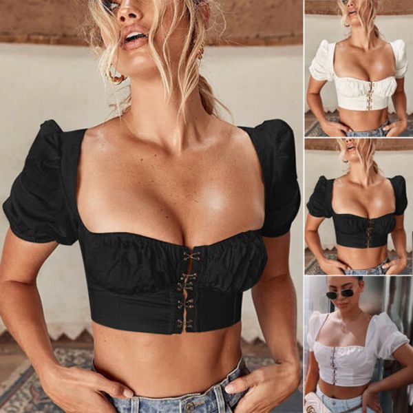 Women Square Neck Crop Top Ladies Short Sleeve Vest Summer Casual Short Tops Tank Top Woman Clothes Solid Color S-XL