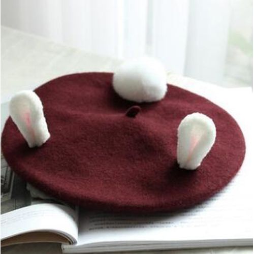 Handmade Wool Felt Women Fashion Valentine's Day Gift Cute Rabbit Ears Winter Hat For Handmade Vintage Pink Caps