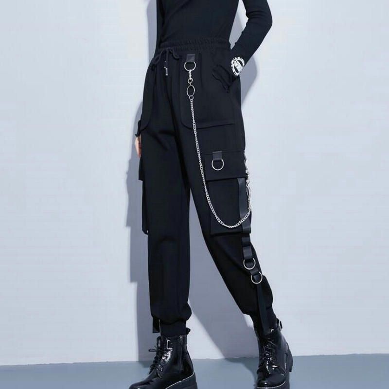 Streetwear Cargo Pants Women Casual Joggers Black High Waist Loose Female Trousers Korean Style Ribbon Ladies Pants
