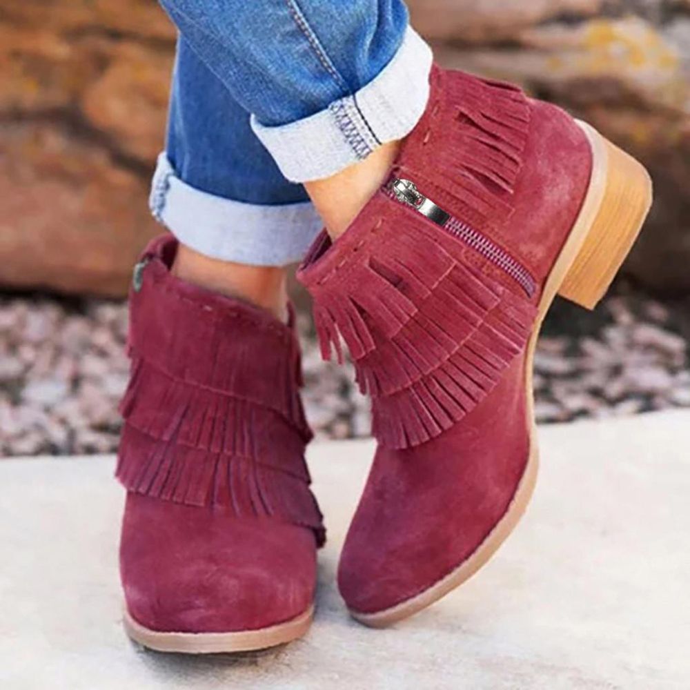 Women's Leisure Solid Large Size Fringe Med Heels Zipper Short Boots Shoes