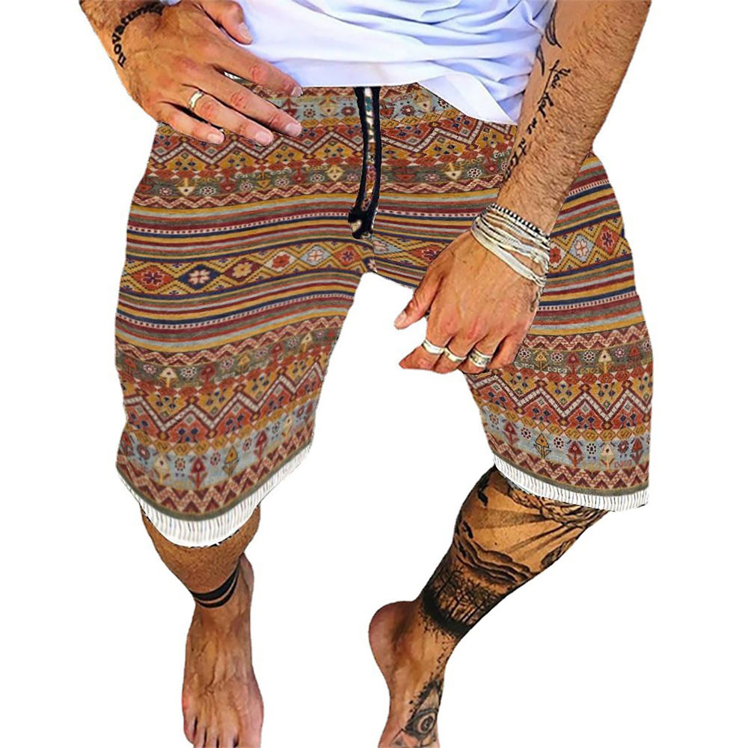 Men Shorts Straight-leg Breathable Cotton Blend Casual Retro Print Shorts for Daily Wear