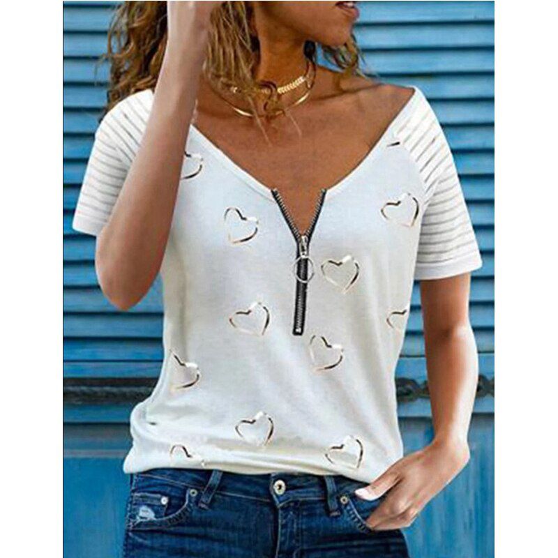 Loose T Shirts Women's Printed T Shirt V Neck Zipper Casual Cotton Short Sleeve Top Summer Fashion  Plus Size Clothing
