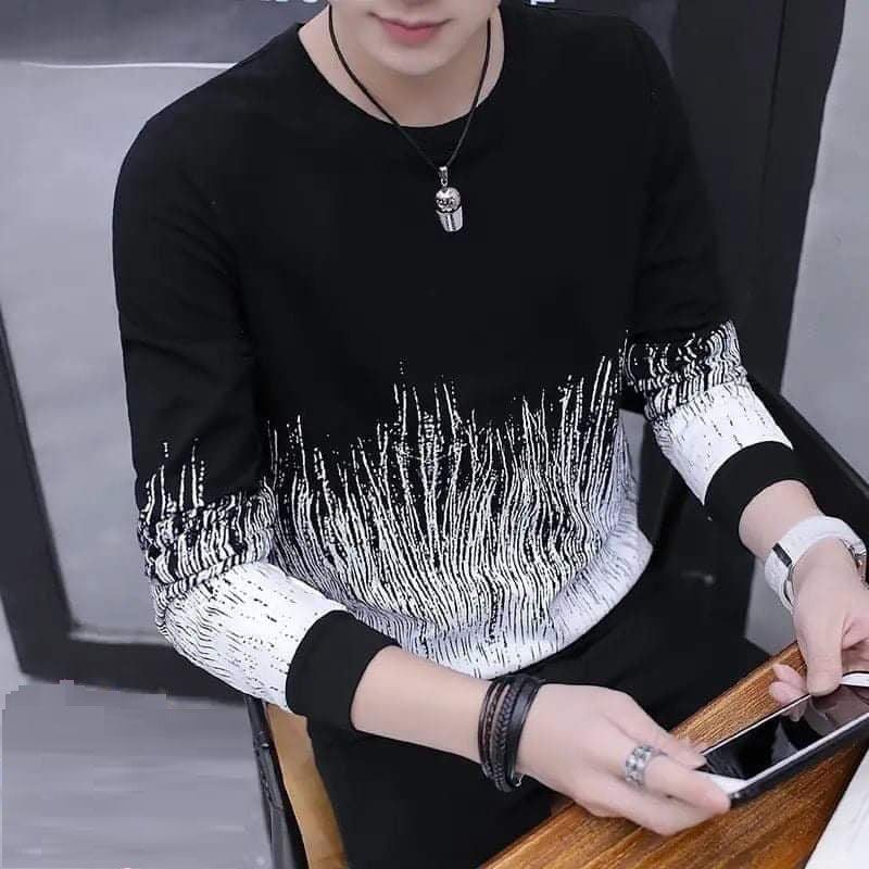 Black Printed Cotton Long Sleeve T-Shirt For Men