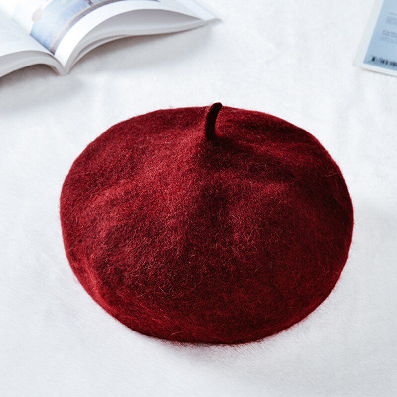 Fashion Solid Color Warm Wool Thin Wool Women Girl French Artist Beanie Hat Cap For Female