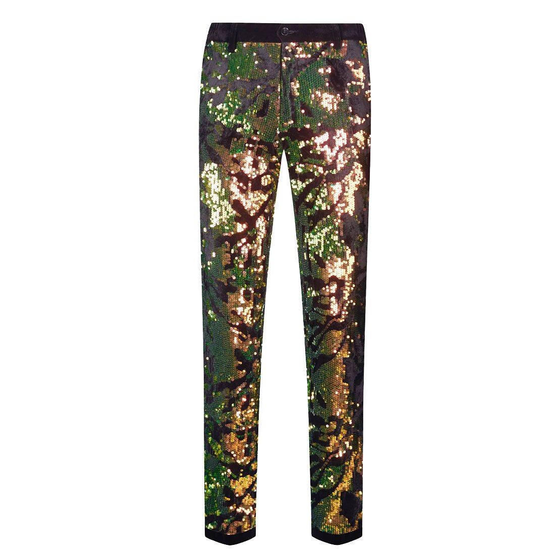 Design Men Sequins Velvet Casual Pants Floral Shiny Wedding Groom  Expandable Waist Trousers