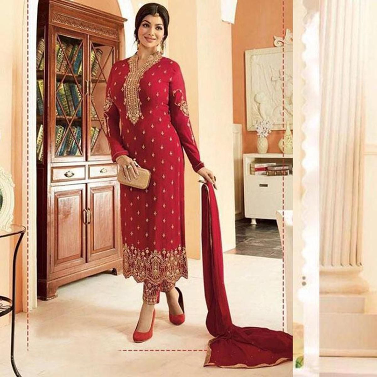 Fashionable Unstitched Red Georgette Salwar Kameez For Women