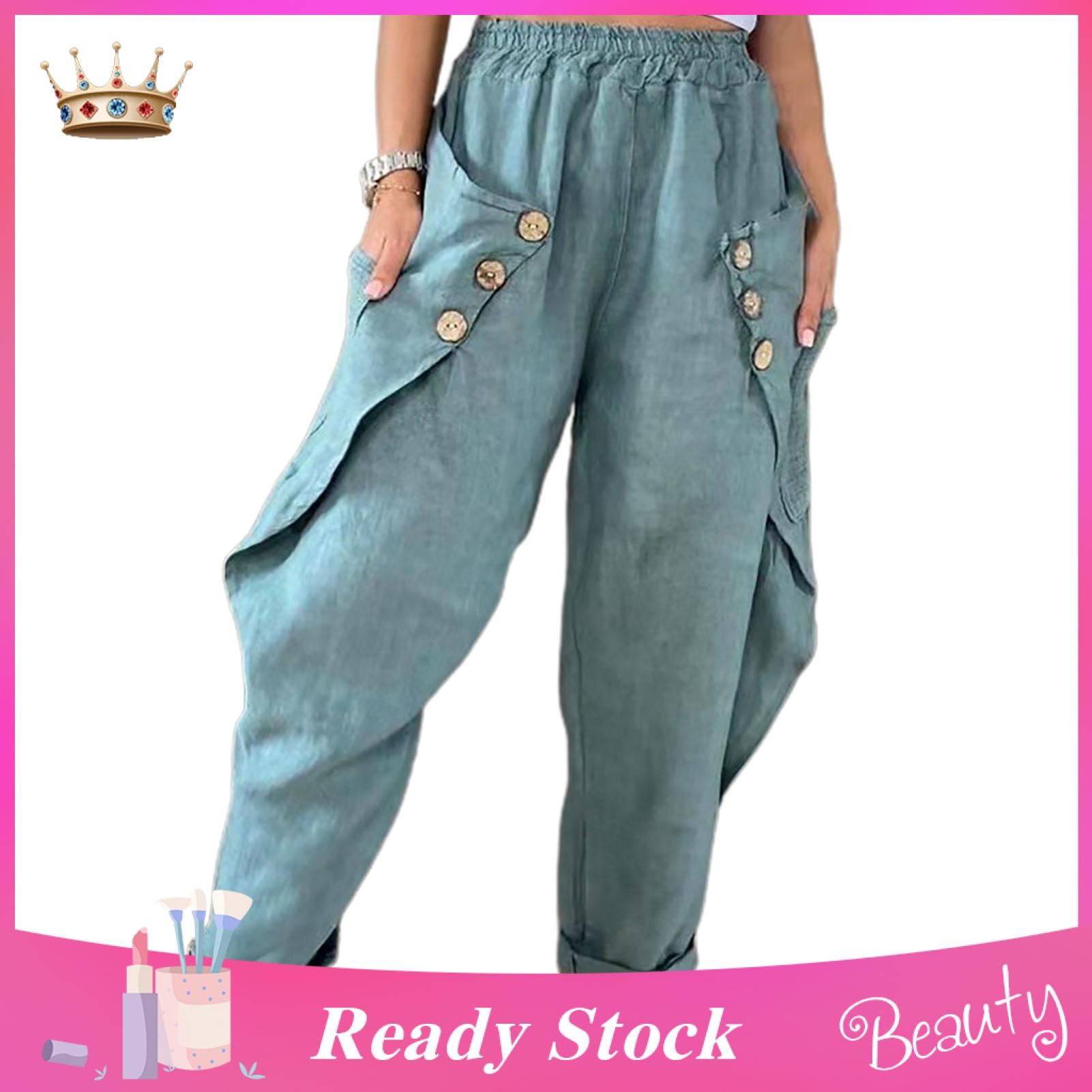 Casual Pants Buttons Decor Lady Elastic Waist Side Pockets Harem Pants