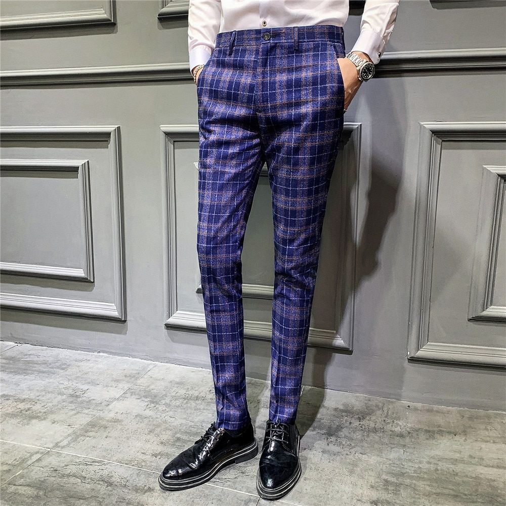 Slim Fit Pants Fashion Lattice Suit Pant Erkek Pantolon Skinny Fit Moda Masculina Office Pants Men 2022 Spring Dress Pant
