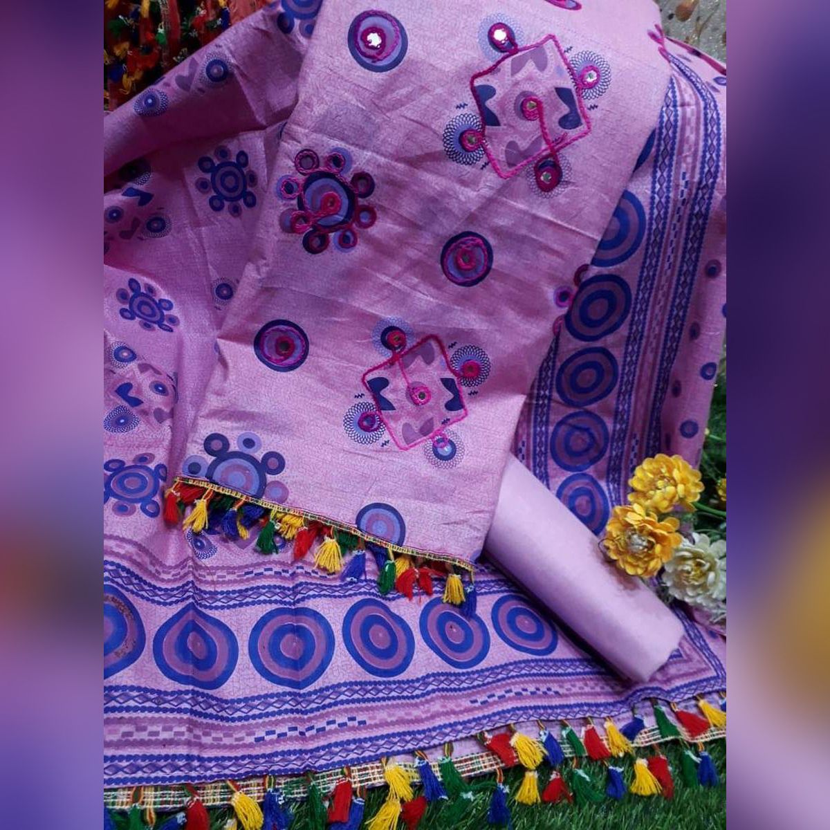 Unstitched Joypuri Skin Print and With Embroidery ( Dollar) Work  Cotton Three Piece / For Women