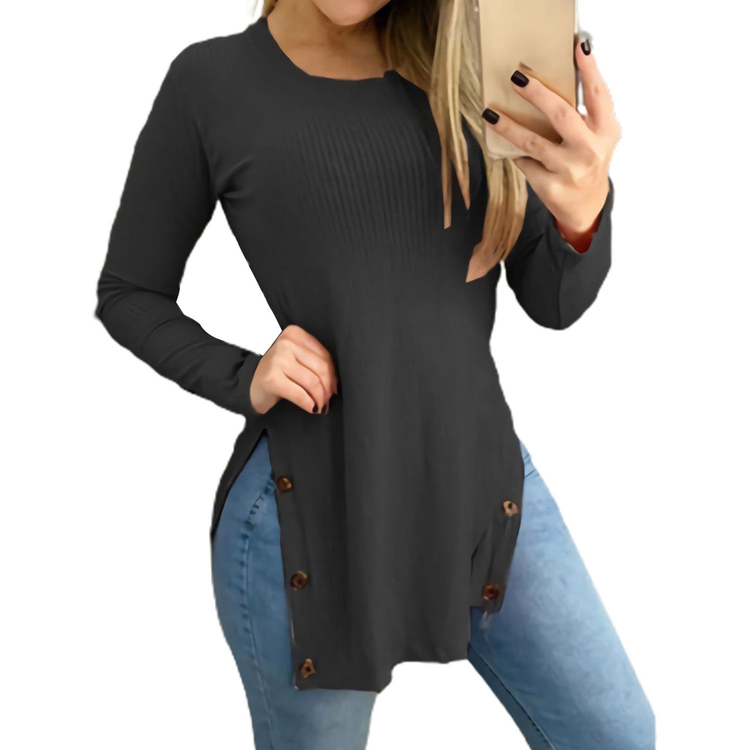 Tunic Top Good Elastic Side Split Buttons Decor Ribbed Pullover