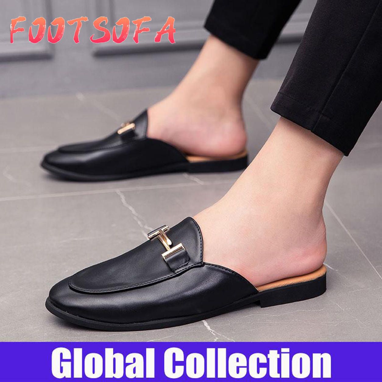 Plus Size NEW Men Half Loafers Slip on Leather Sandals Pointed Toe Leather Shoes (Black,White)