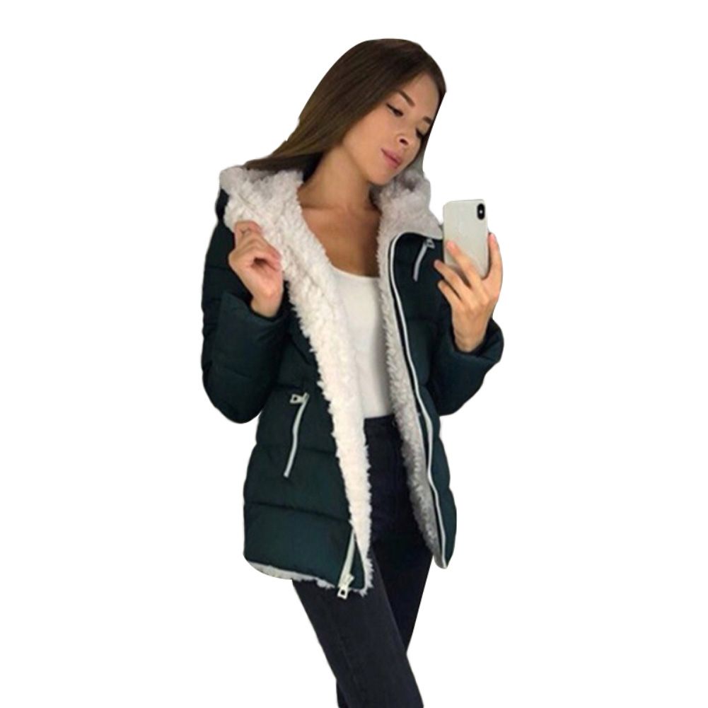 Winter Women Solid Color Long Sleeve Hooded Zip Up Plush Padded Coat Outwear