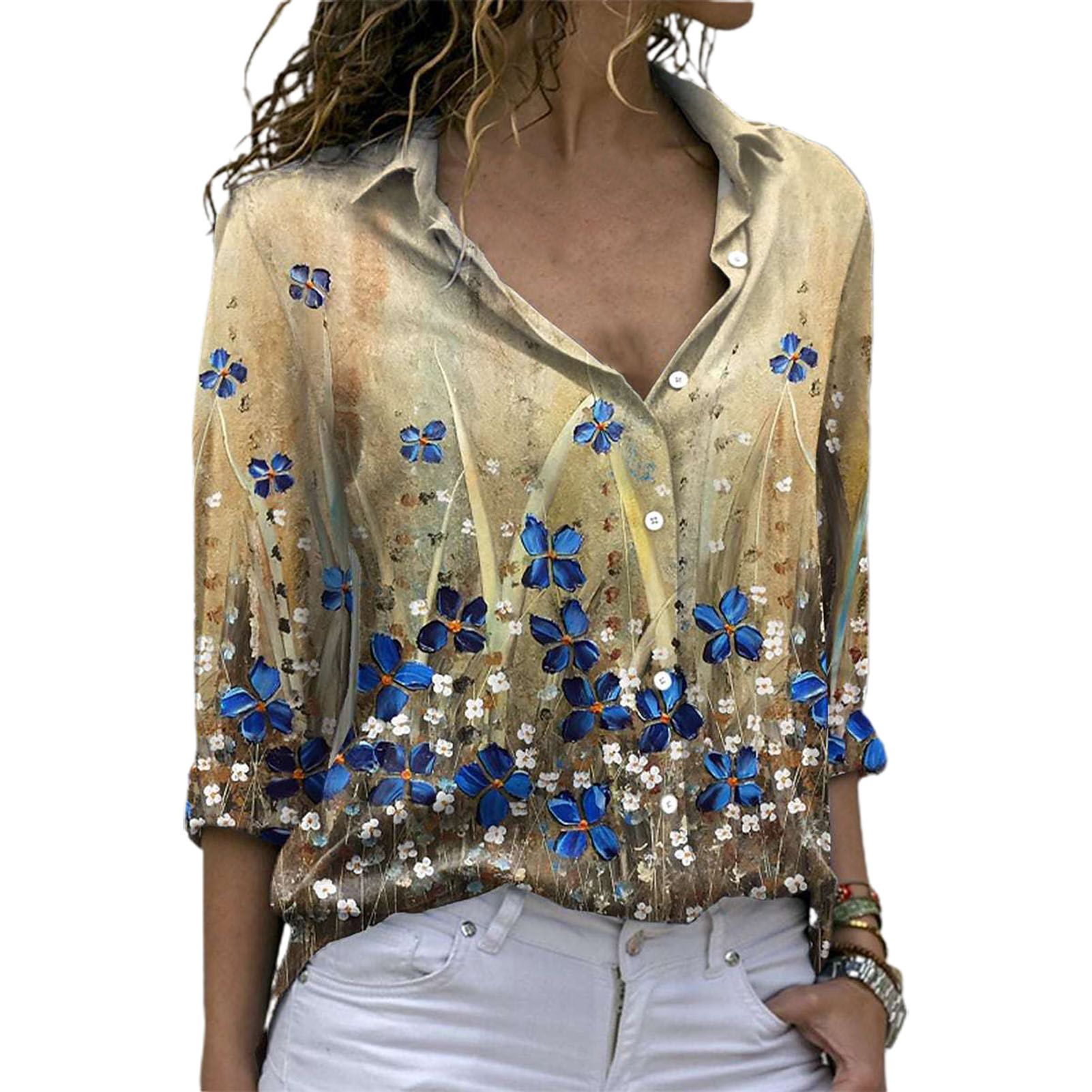 Female Shirt Turn-Down Collar Single ed Print Office Top