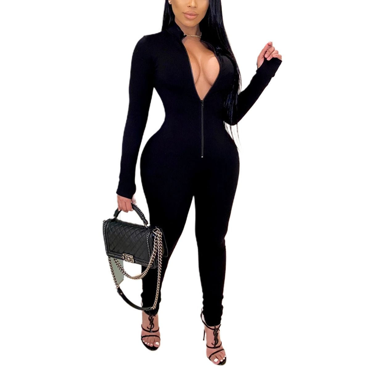 Women Solid Color One Piece Jumpsuit, Zipper Front Long Sleeve Fitness Rompers Playsuits