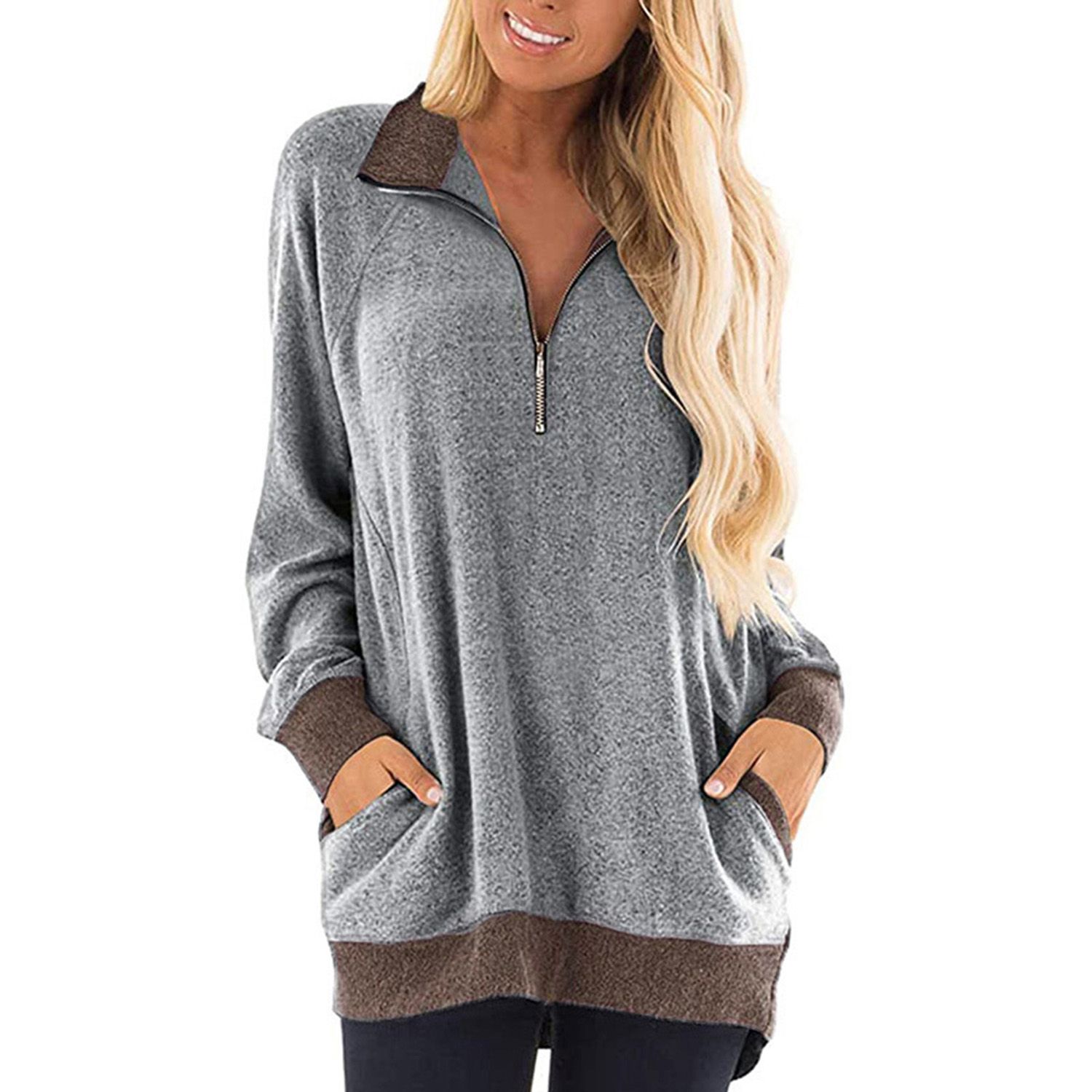 2021 Women Color Block Sweatshirts, Lapel Zipper V Neck Long Sleeve Tunics Shirt Tops with Pocket