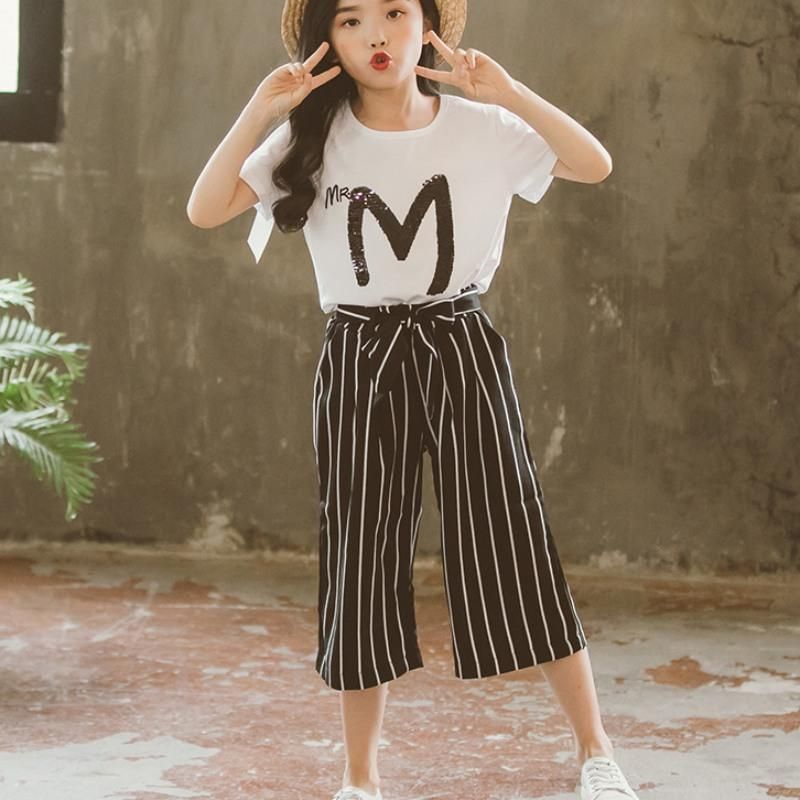 Summer Kids Girl Letter Print Short Sleeve T-Shirt Tops Stripe Wide-Leg Pants