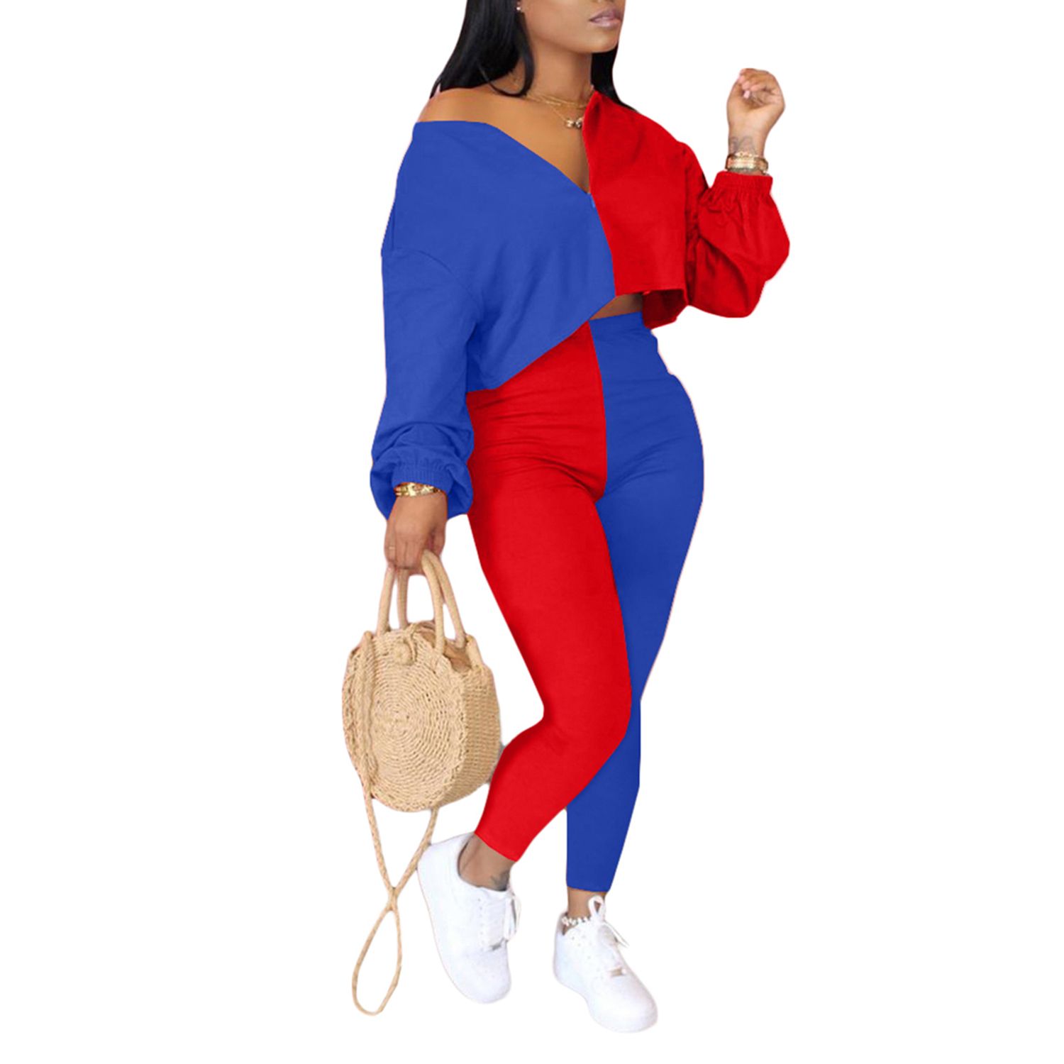 2021 Women's Fashionable Patchwork Sport Suit, Off-the-shoulder Crop Top with Long Tight Pants, Stylish T